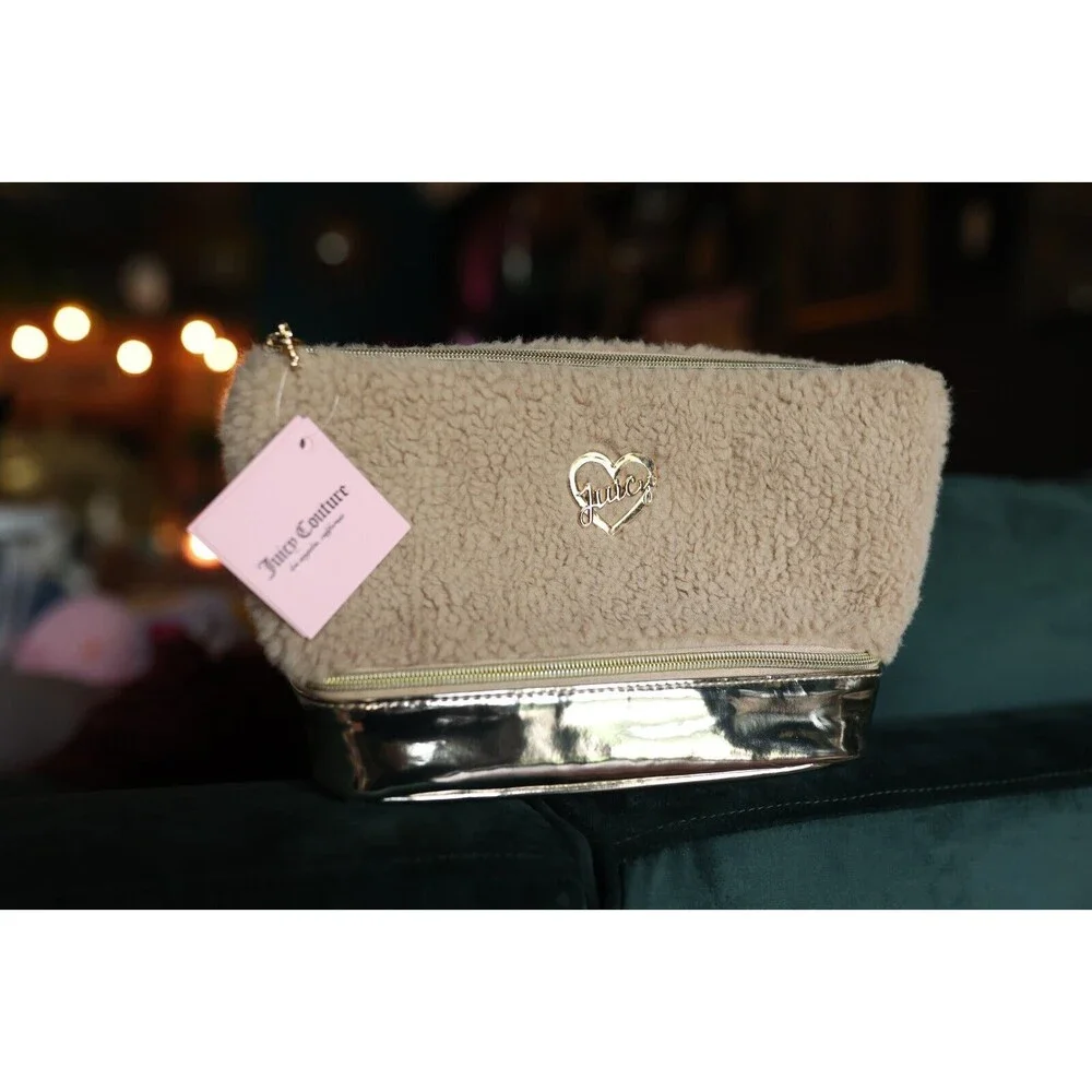 Juicy Couture Beige Sherpa Fleece Gold Metallic Logo Zip Around Makeup Bag NWT